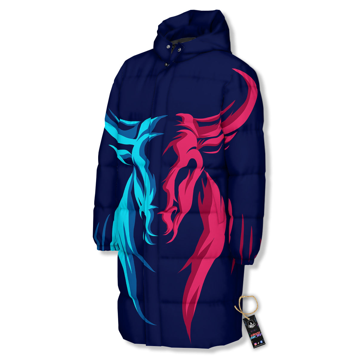 Portrait Bull Print Long Down Jacket-grizzshop