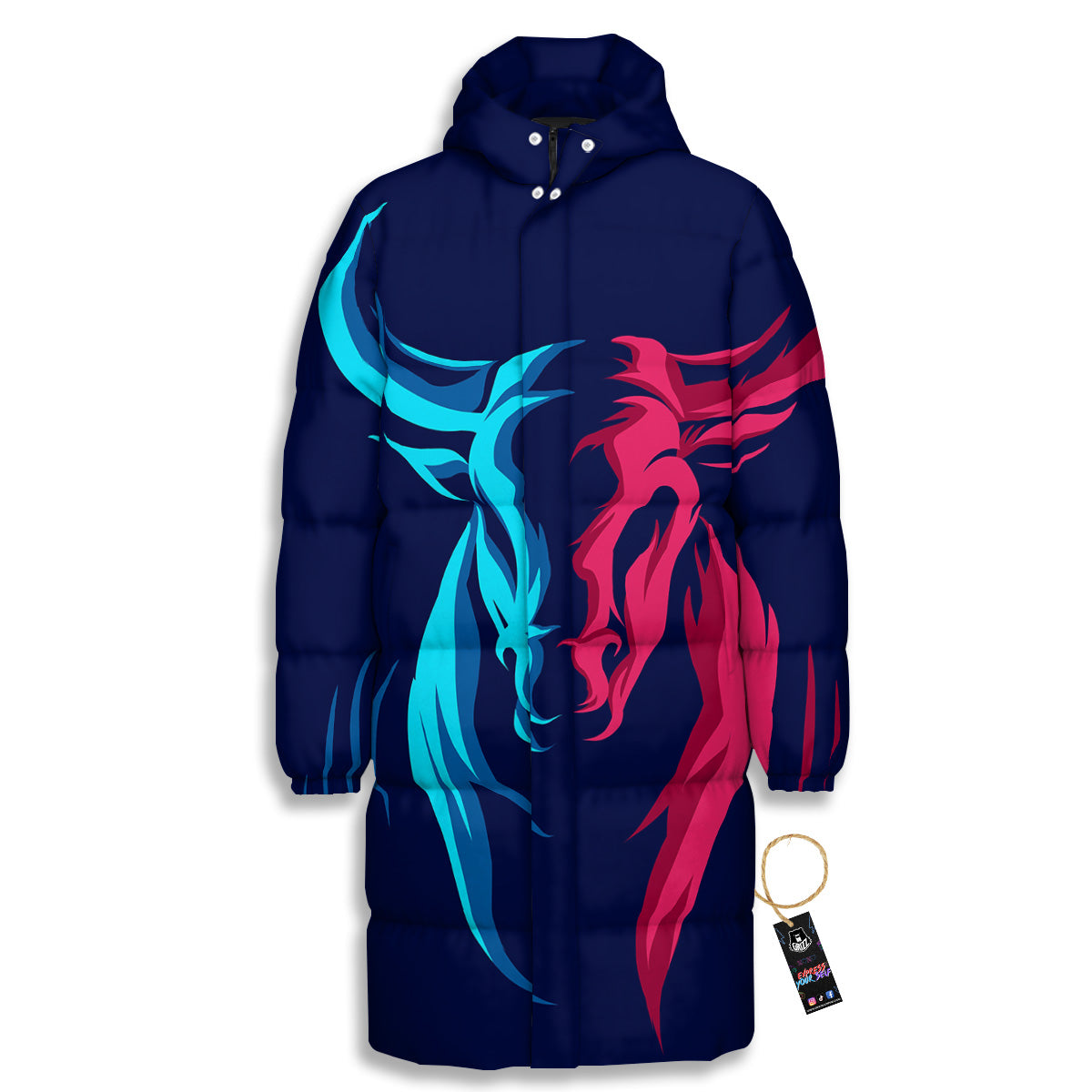 Portrait Bull Print Long Down Jacket-grizzshop