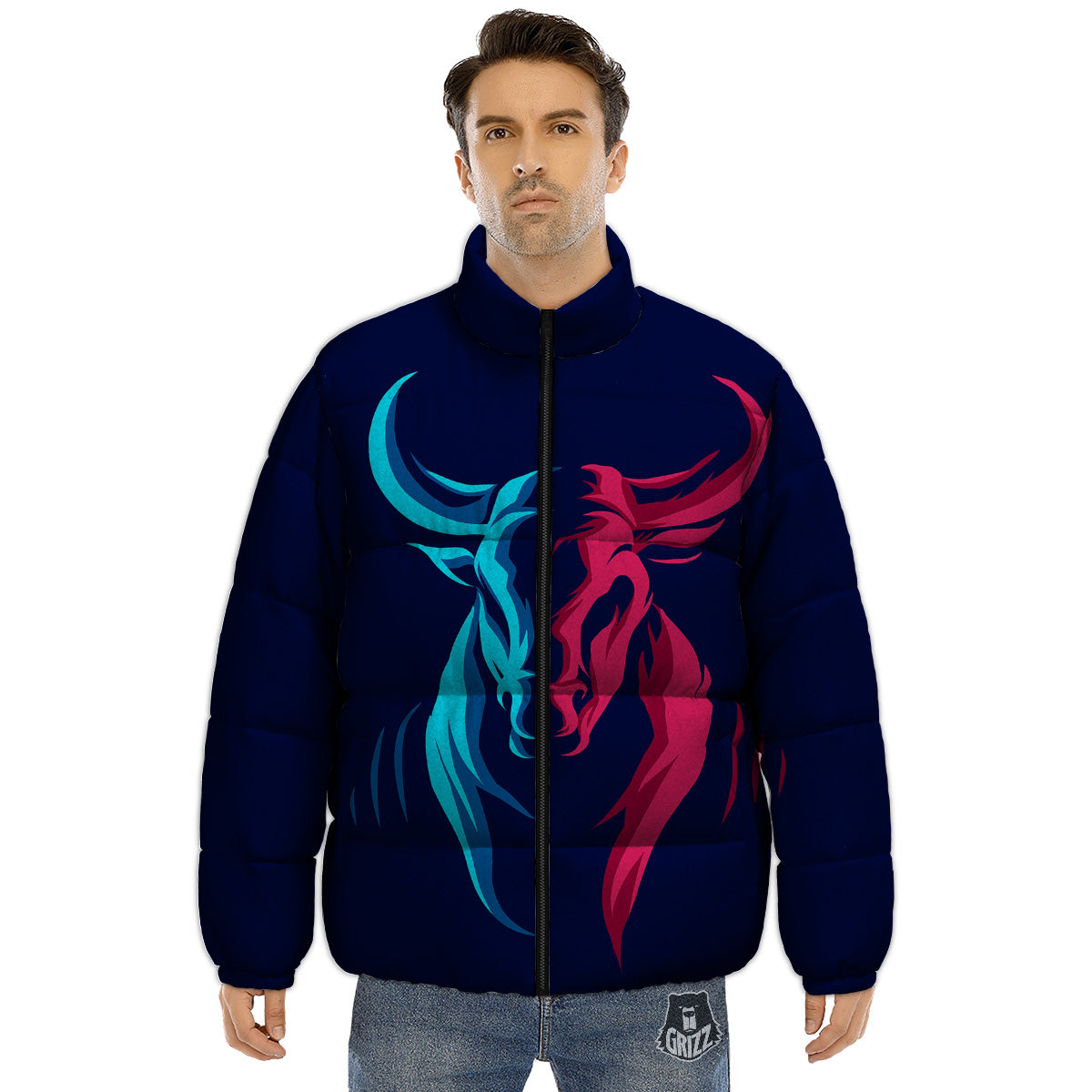 Portrait Bull Print Puffer Jacket-grizzshop