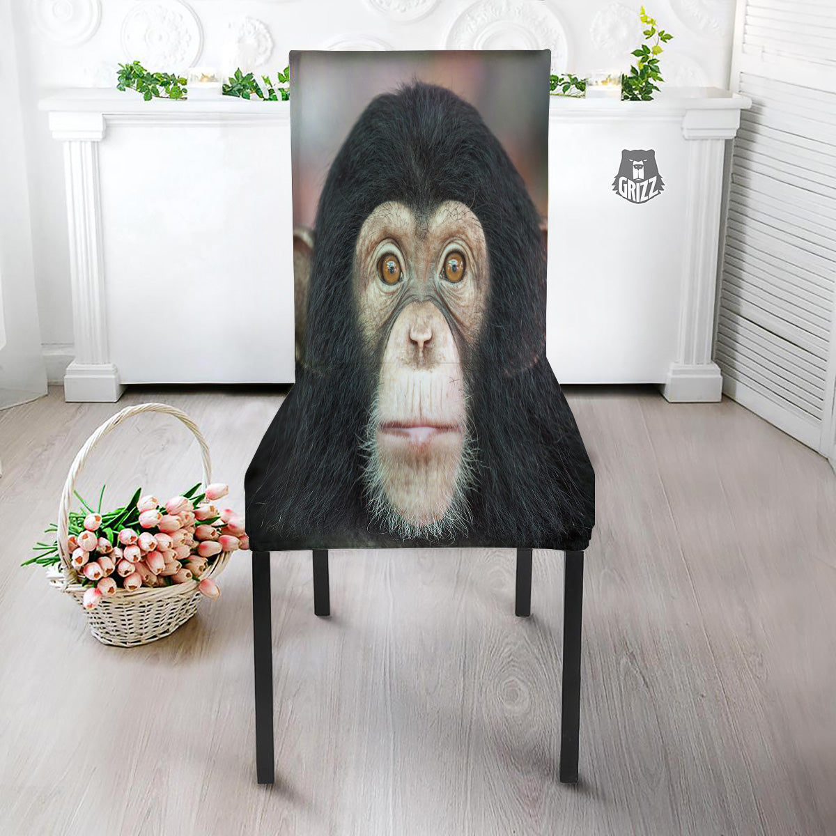 Portrait Chimpanzee Print Dining Chair Slipcover-grizzshop