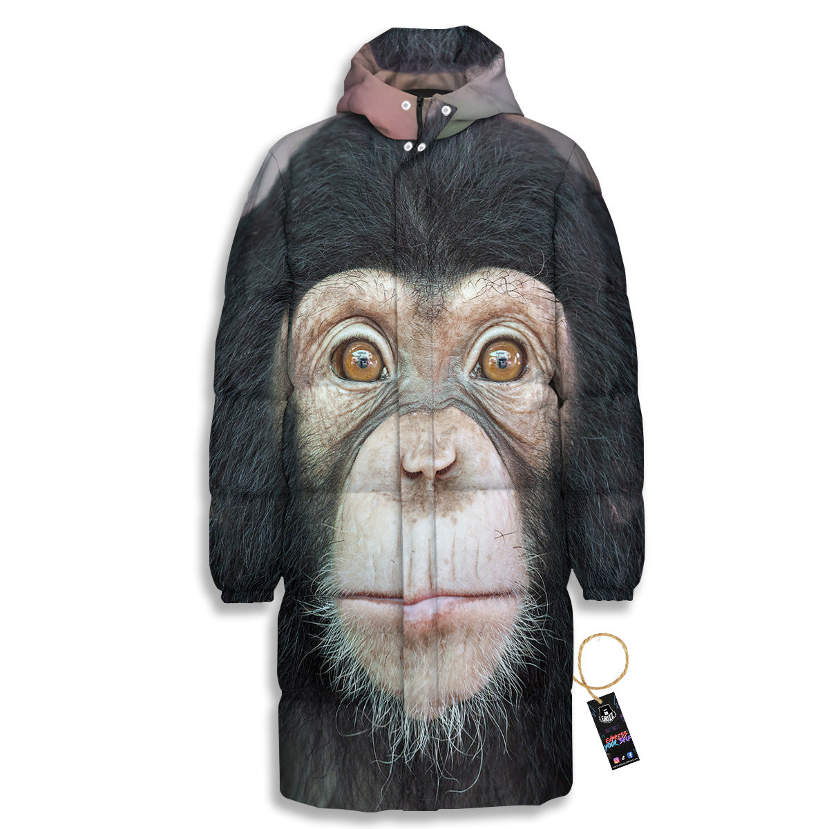 Portrait Chimpanzee Print Long Down Jacket-grizzshop