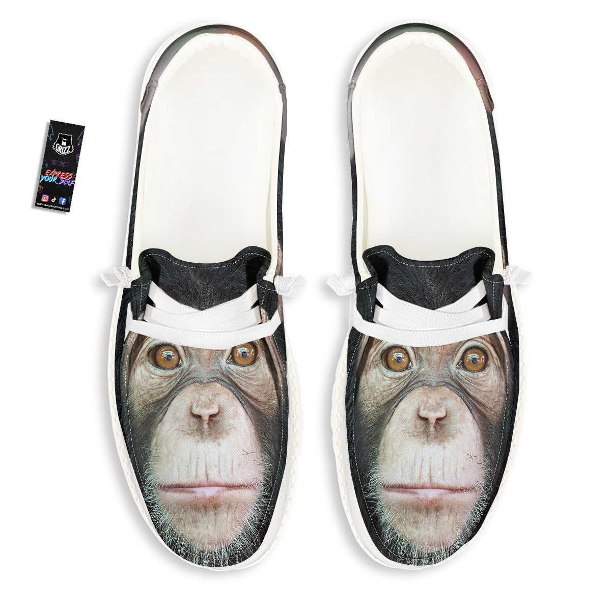 Portrait Chimpanzee Print White Loafers-grizzshop