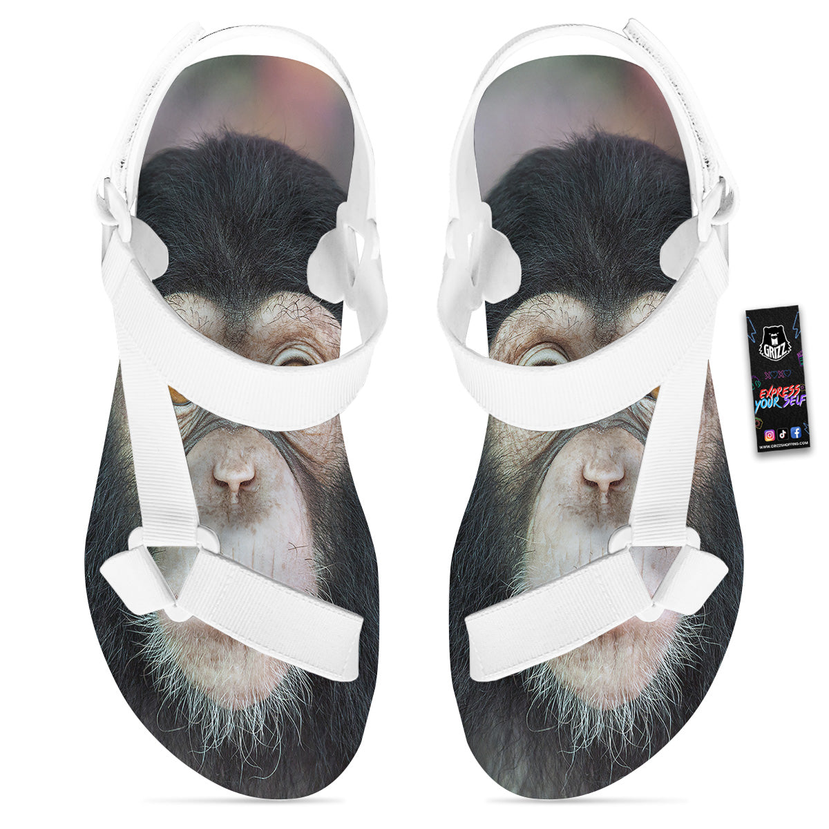 Portrait Chimpanzee Print White Open Toe Sandals-grizzshop