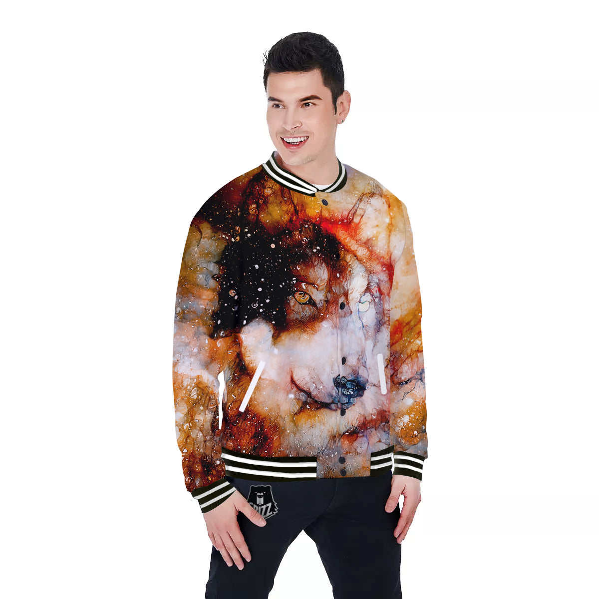 Portrait Cosmic Wolf Print Baseball Jacket-grizzshop