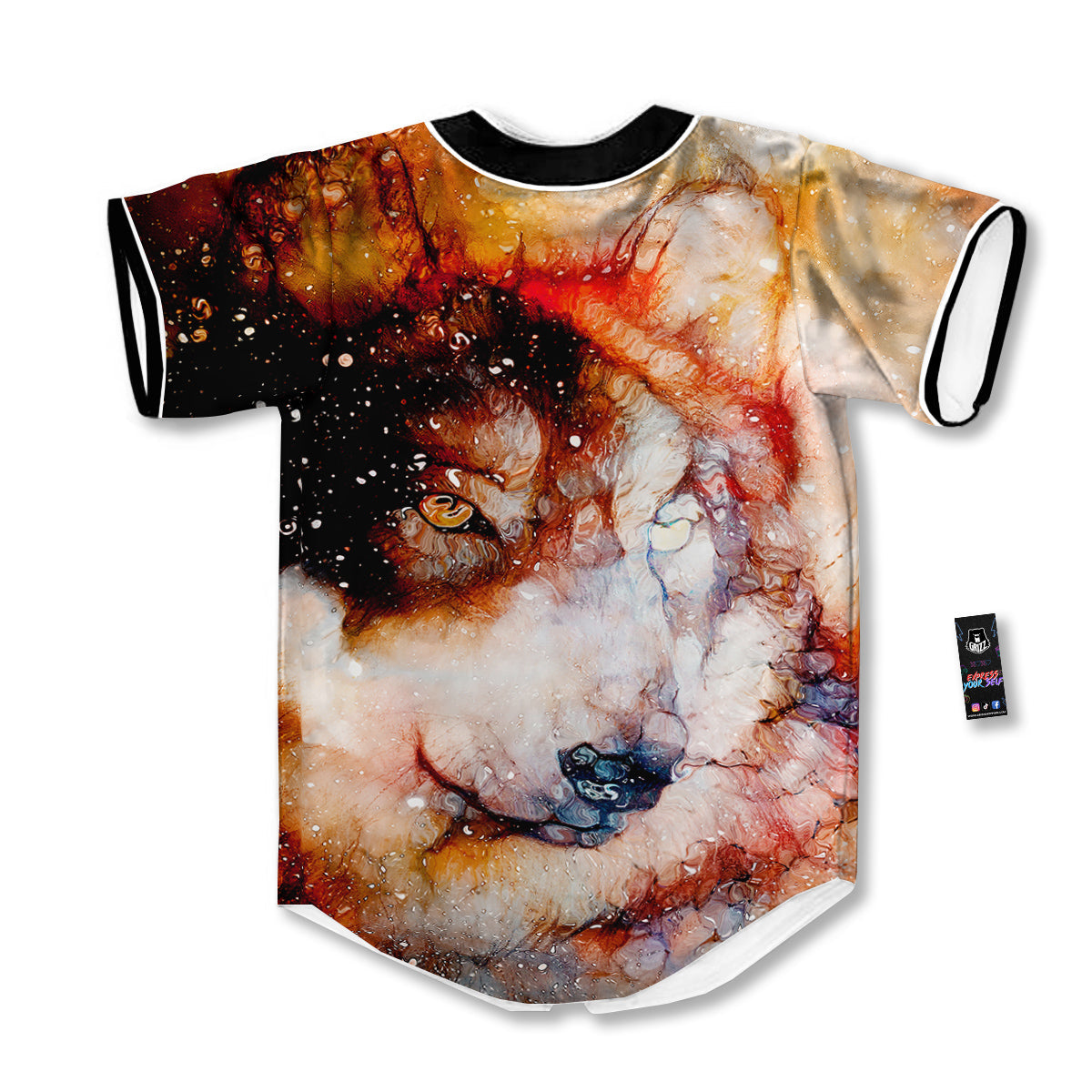 Portrait Cosmic Wolf Print Baseball Jersey-grizzshop