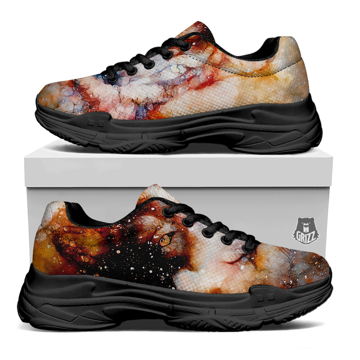 Portrait Cosmic Wolf Print Black Chunky Shoes-grizzshop