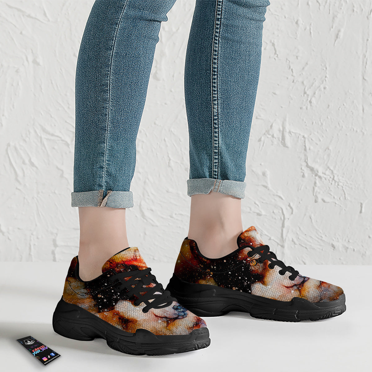 Portrait Cosmic Wolf Print Black Chunky Shoes-grizzshop