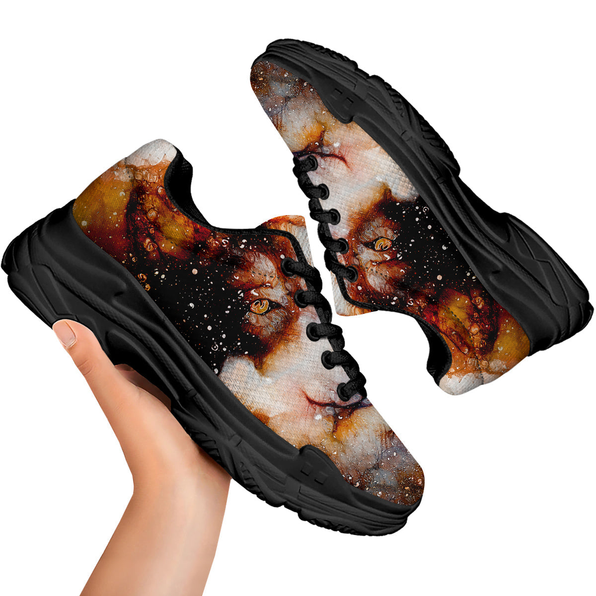Portrait Cosmic Wolf Print Black Chunky Shoes-grizzshop