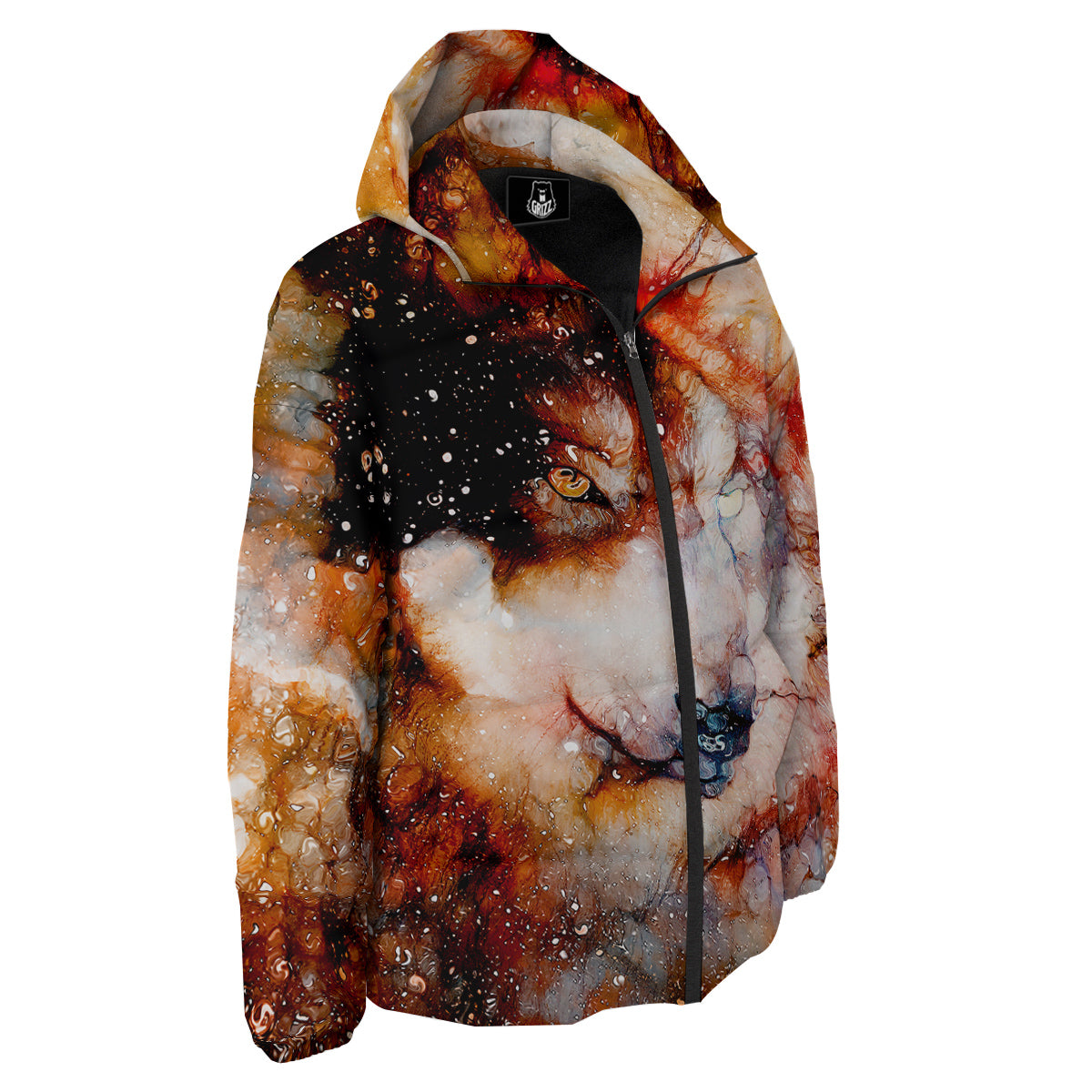 Portrait Cosmic Wolf Print Down Jacket-grizzshop
