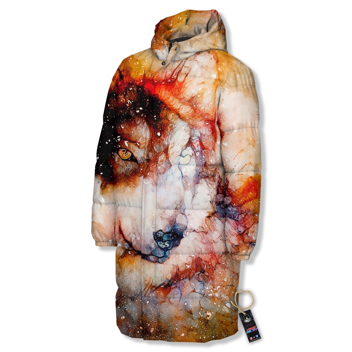 Portrait Cosmic Wolf Print Long Down Jacket-grizzshop