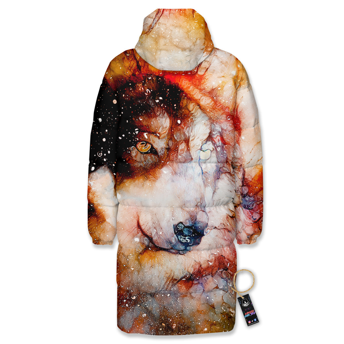 Portrait Cosmic Wolf Print Long Down Jacket-grizzshop