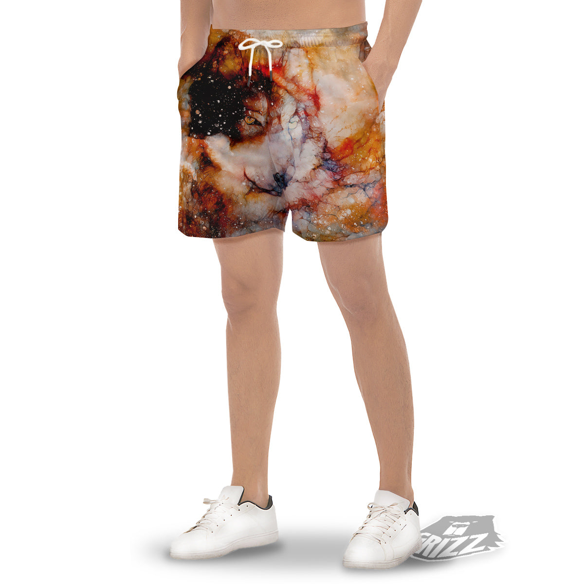 Portrait Cosmic Wolf Print Men's Gym Shorts-grizzshop