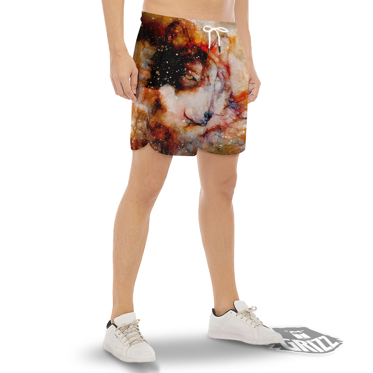 Portrait Cosmic Wolf Print Men's Gym Shorts-grizzshop