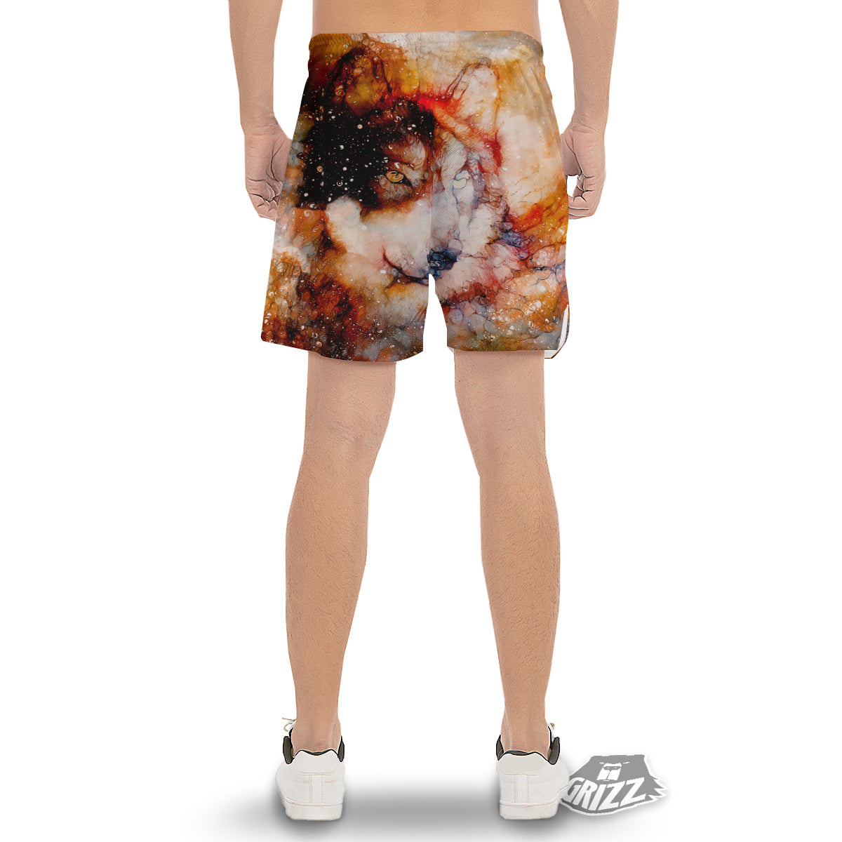 Portrait Cosmic Wolf Print Men's Gym Shorts-grizzshop