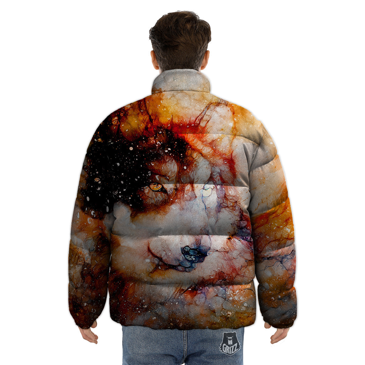 Portrait Cosmic Wolf Print Puffer Jacket-grizzshop