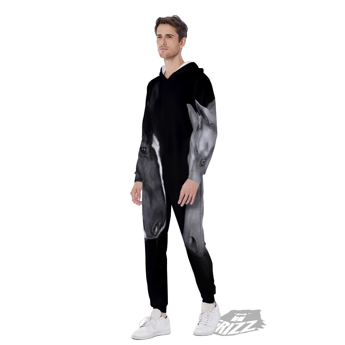 Portrait Couple Horses Print Men's Jumpsuit-grizzshop