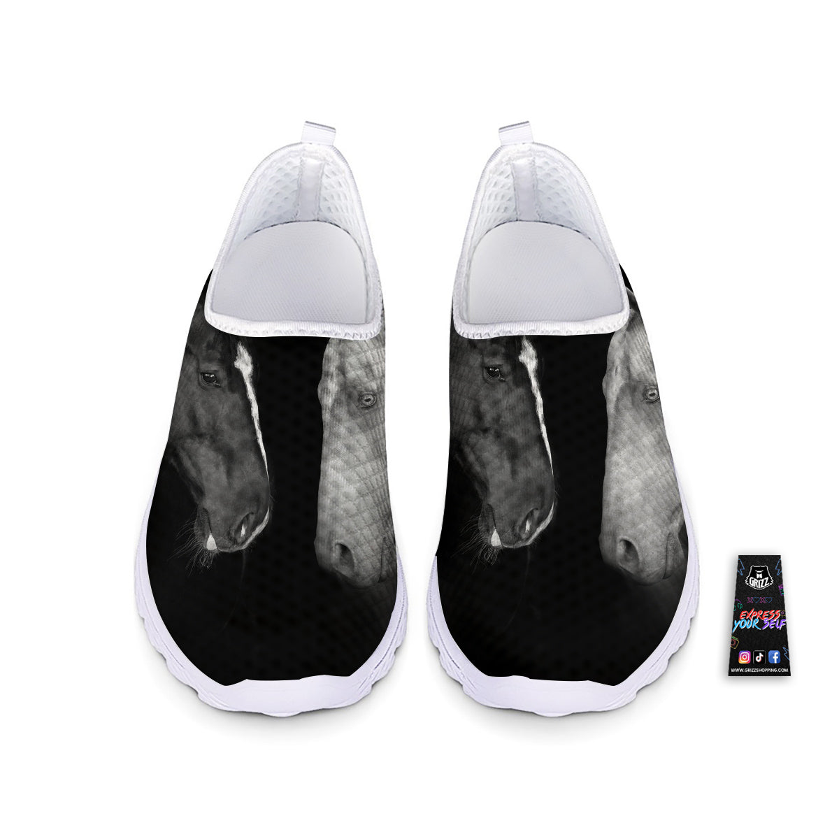 Portrait Couple Horses Print Nurse Shoes-grizzshop