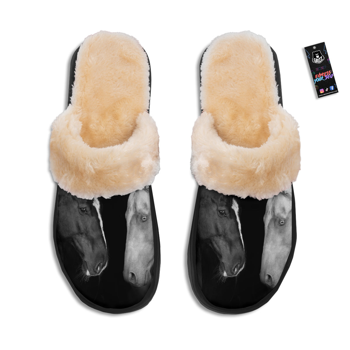 Portrait Couple Horses Print Slippers-grizzshop
