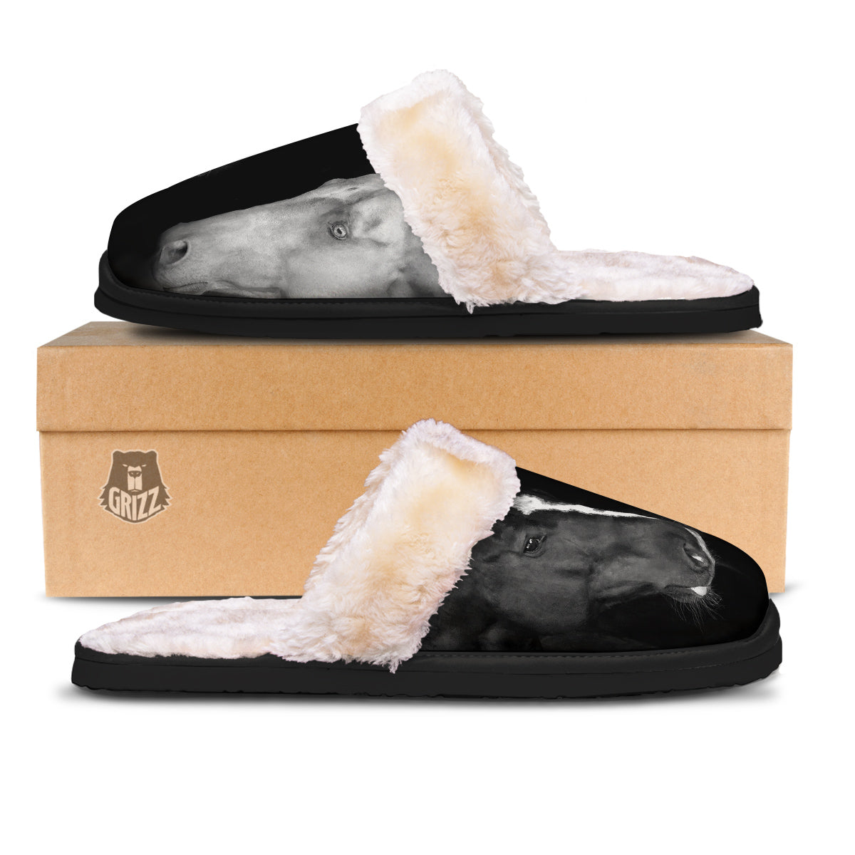 Portrait Couple Horses Print Slippers-grizzshop