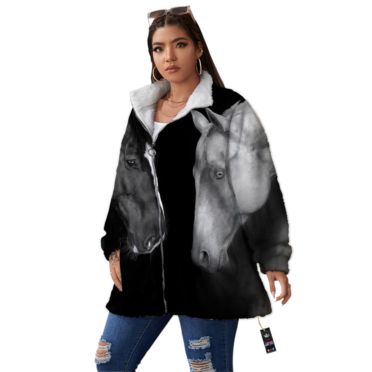 Portrait Couple Horses Print Women's Sherpa Jacket-grizzshop