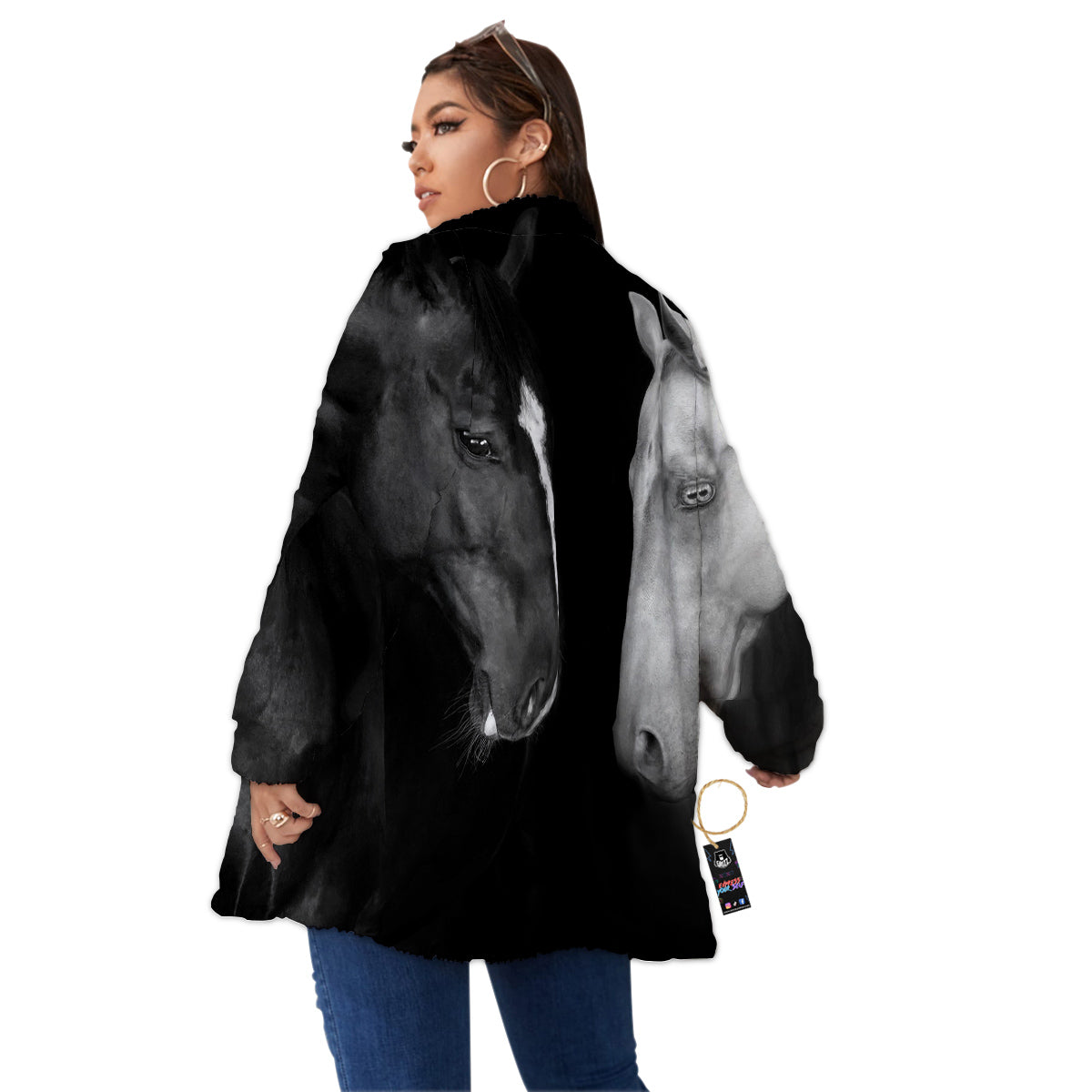 Portrait Couple Horses Print Women's Sherpa Jacket-grizzshop
