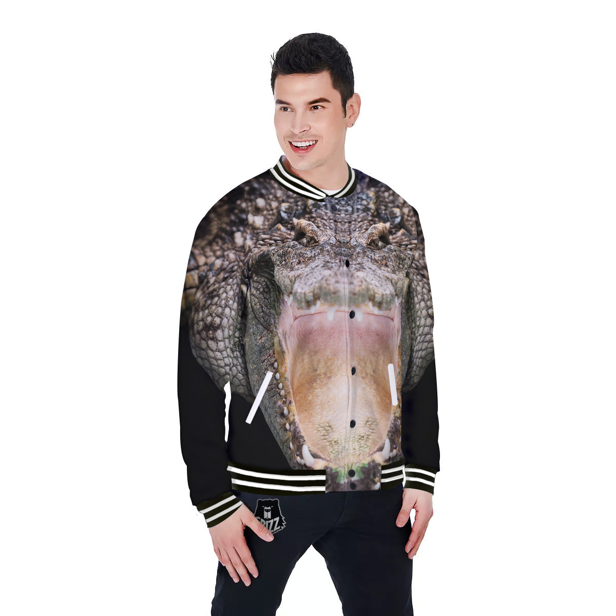Portrait Crocodile Print Baseball Jacket-grizzshop