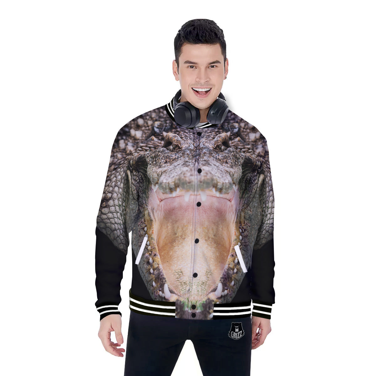 Portrait Crocodile Print Baseball Jacket-grizzshop