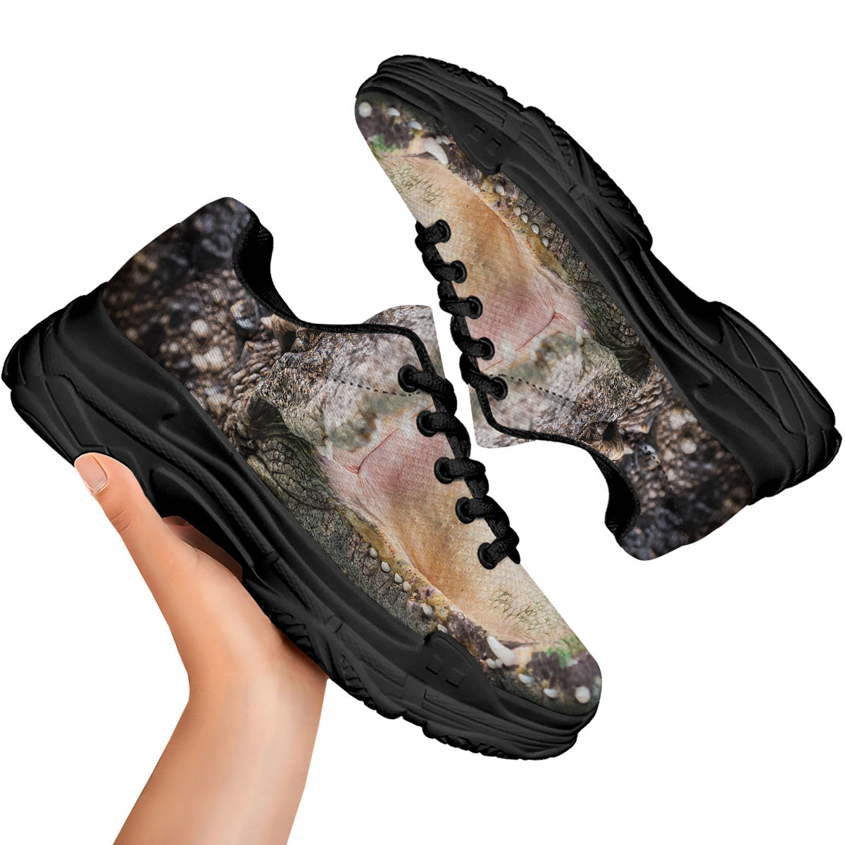 Portrait Crocodile Print Black Chunky Shoes-grizzshop
