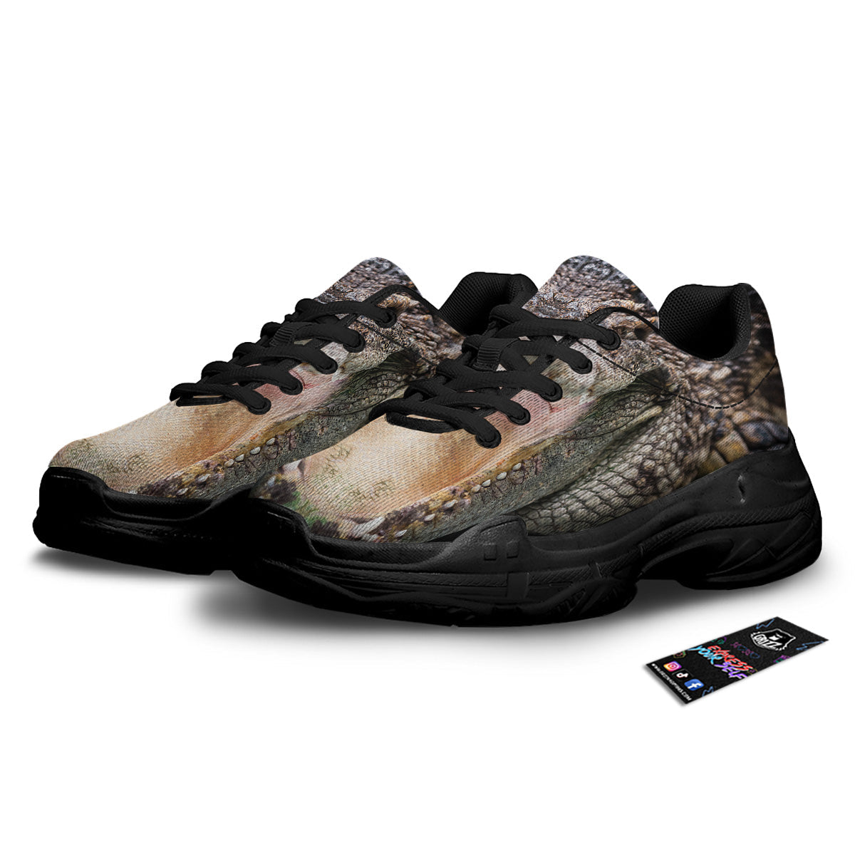 Portrait Crocodile Print Black Chunky Shoes-grizzshop