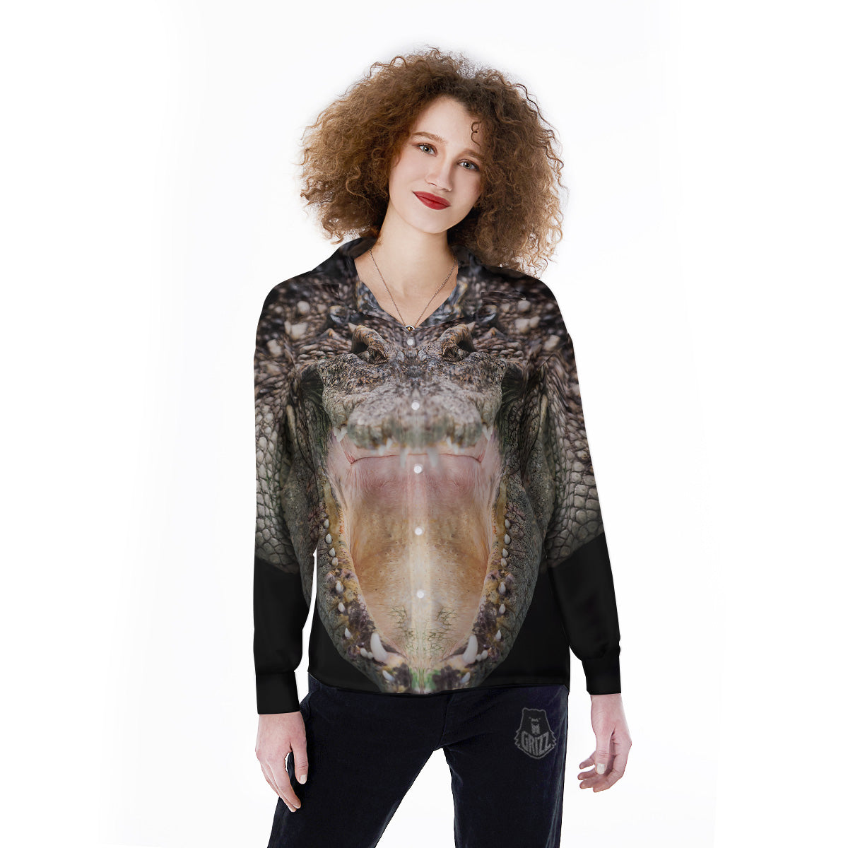 Portrait Crocodile Print Women's Long Sleeve Shirts-grizzshop
