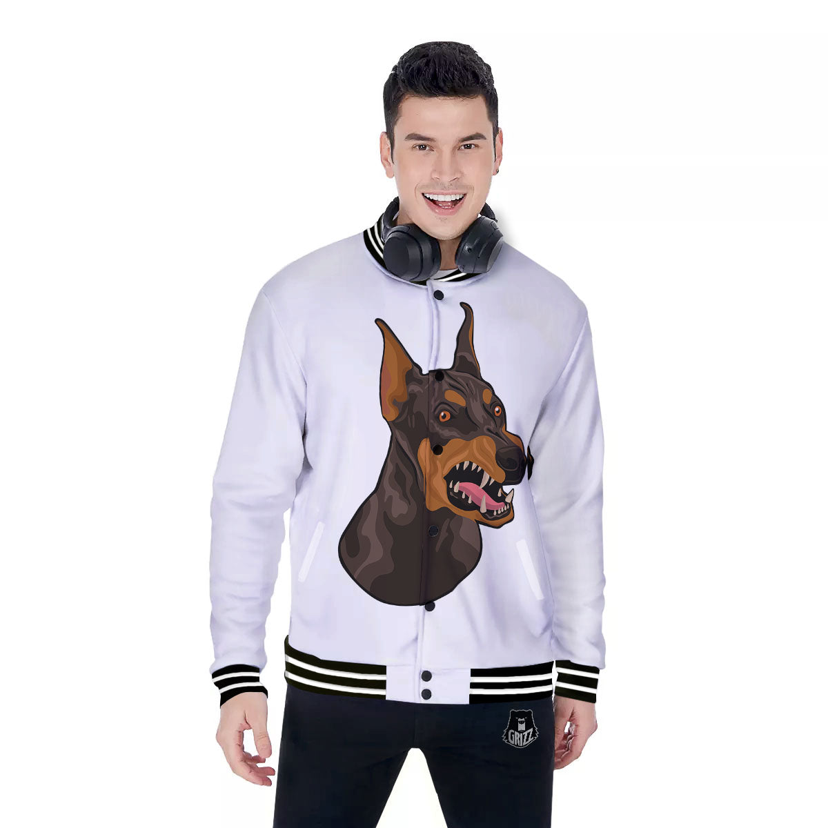 Portrait Dobermann Print Baseball Jacket-grizzshop