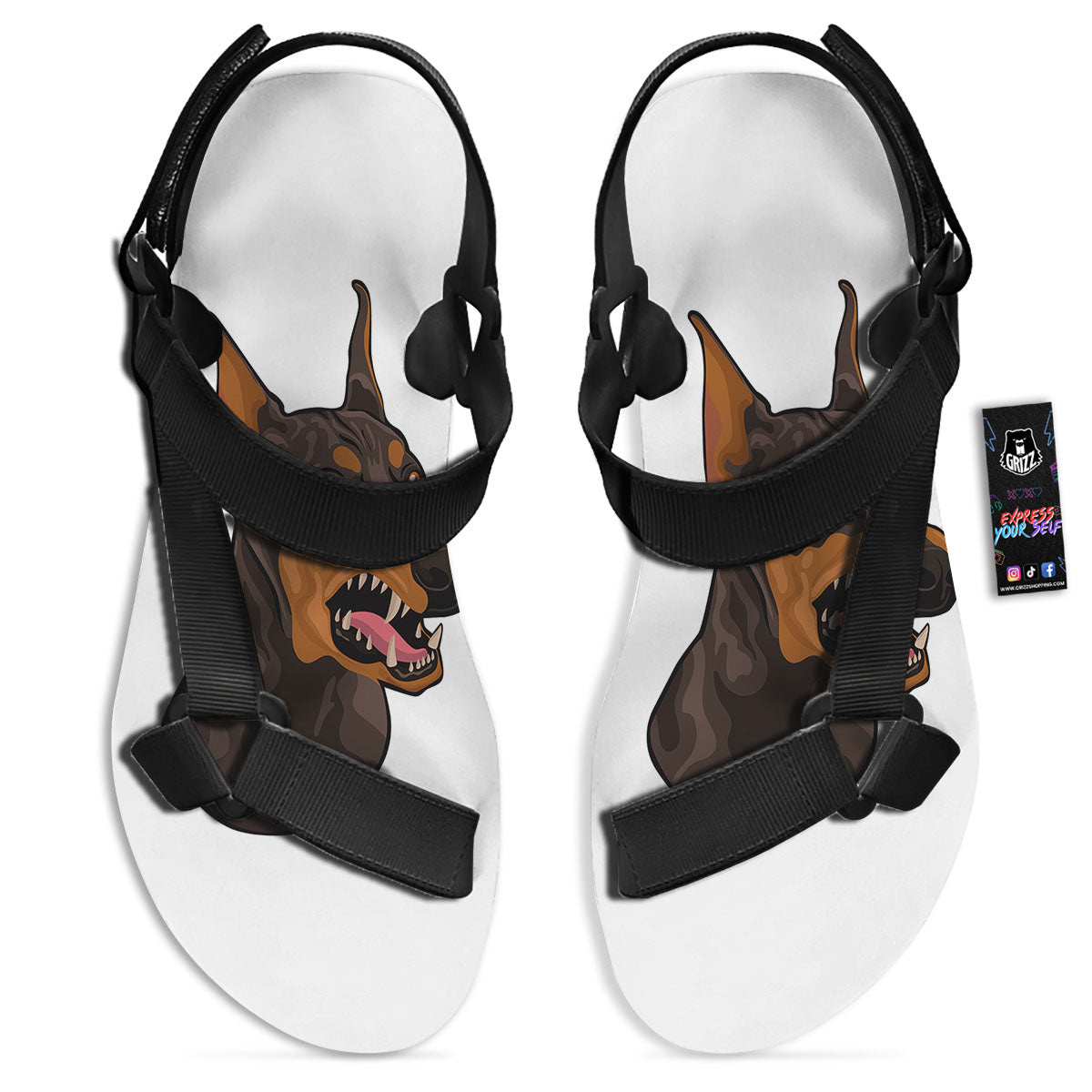 Portrait Dobermann Print Black Open Toe Sandals-grizzshop