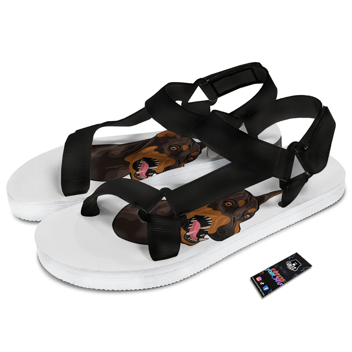 Portrait Dobermann Print Black Open Toe Sandals-grizzshop