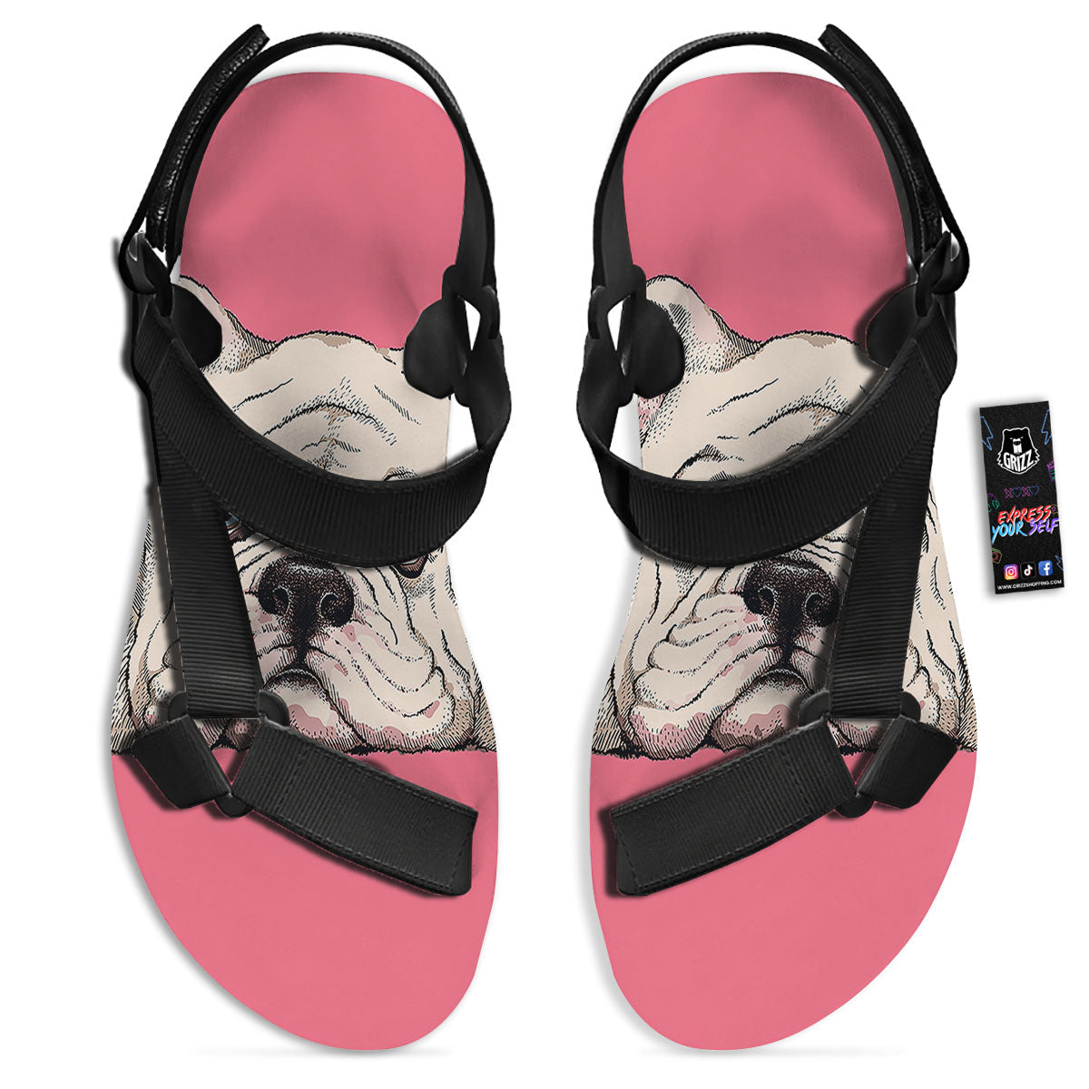 Portrait English Bulldog Print Black Open Toe Sandals-grizzshop