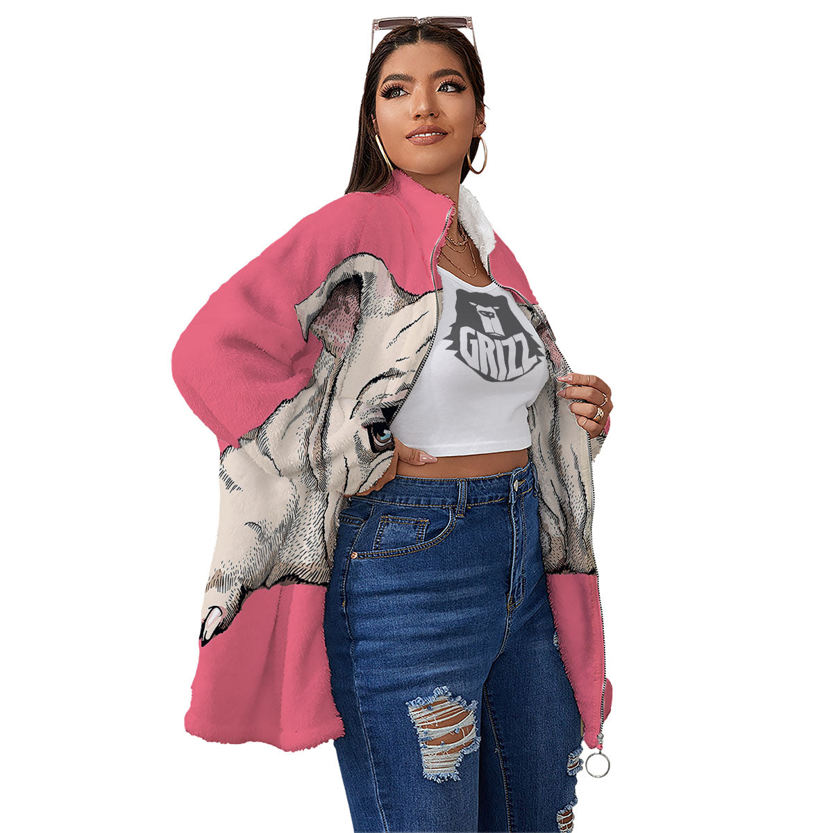 Portrait English Bulldog Print Women's Sherpa Jacket-grizzshop
