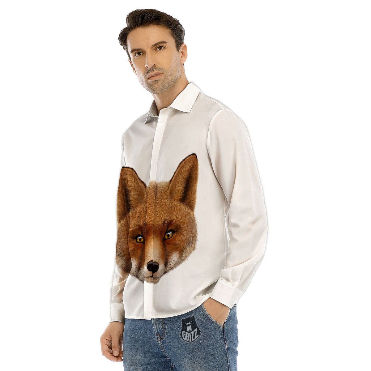 Portrait Fox Print Men's Dress Shirts-grizzshop