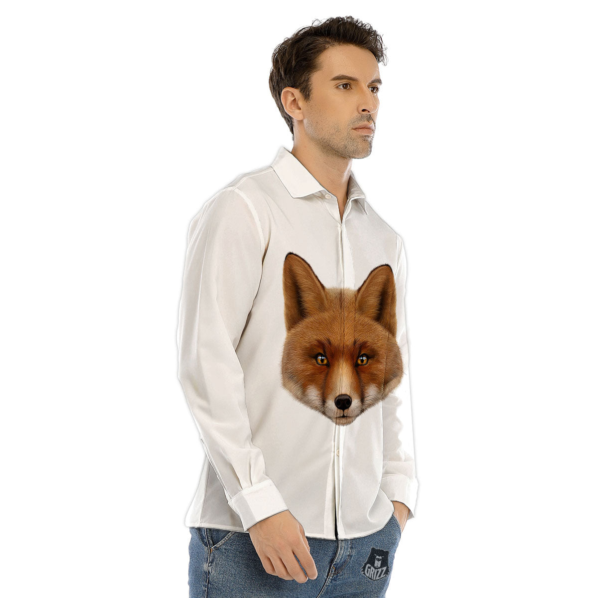 Portrait Fox Print Men's Dress Shirts-grizzshop