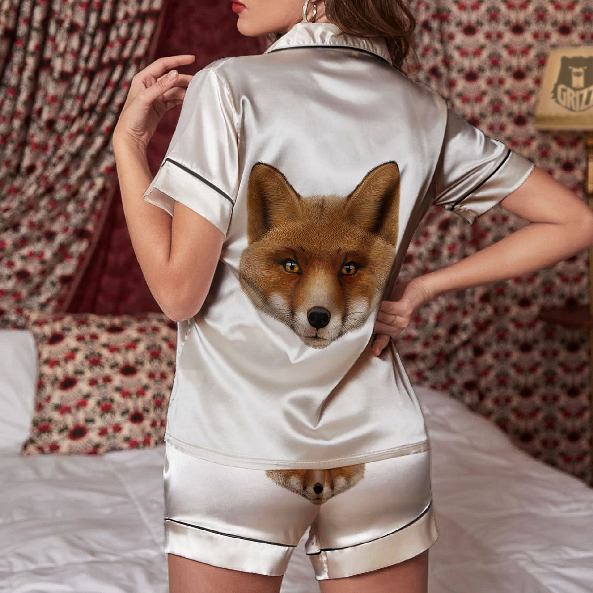 Portrait Fox Print Women Silk Pajamas-grizzshop
