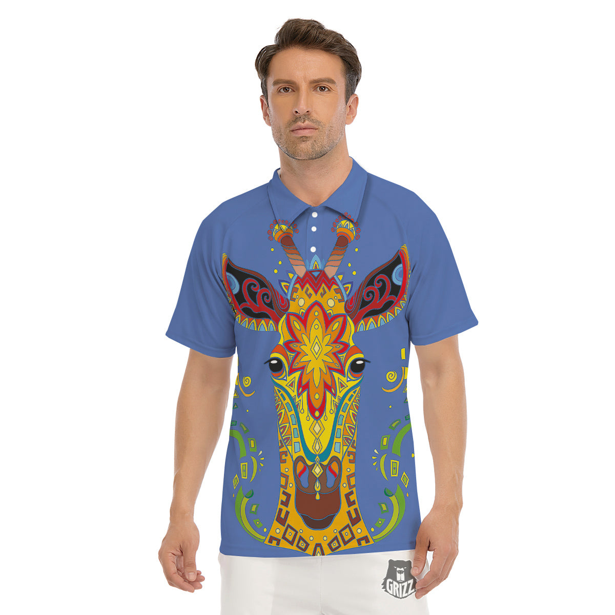 Portrait Giraffe Colorful Print Men's Golf Shirts-grizzshop