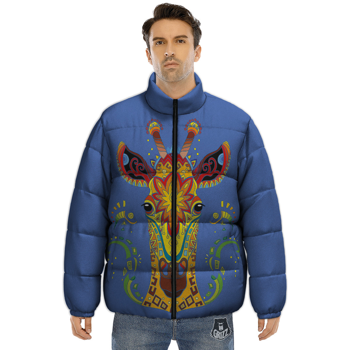 Portrait Giraffe Colorful Print Puffer Jacket-grizzshop