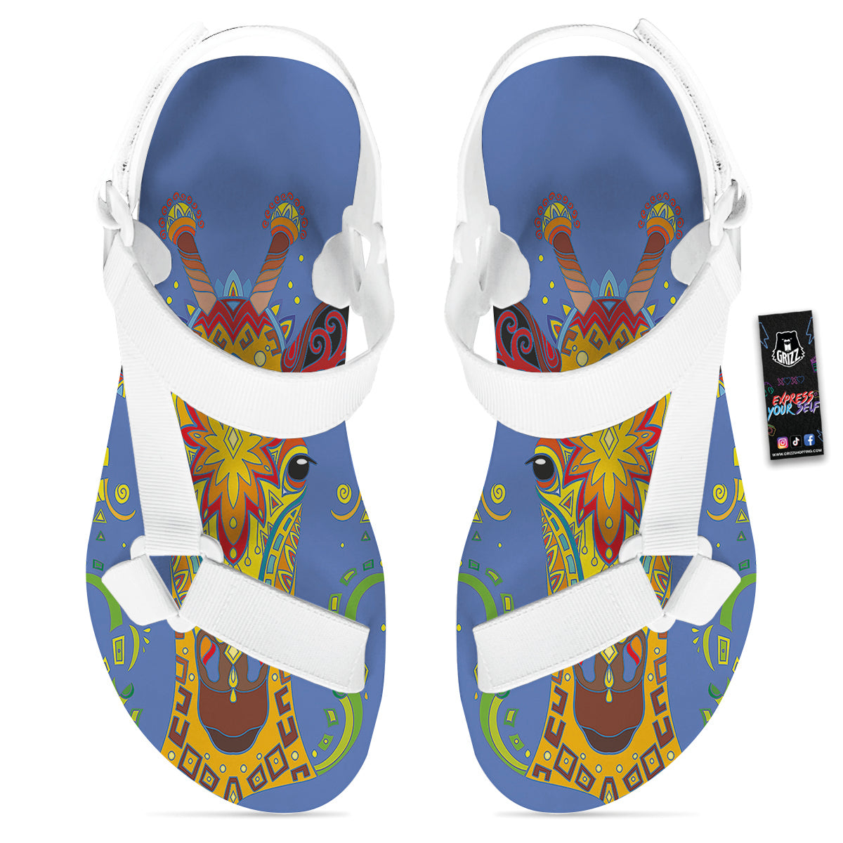 Portrait Giraffe Colorful Print White Open Toe Sandals-grizzshop