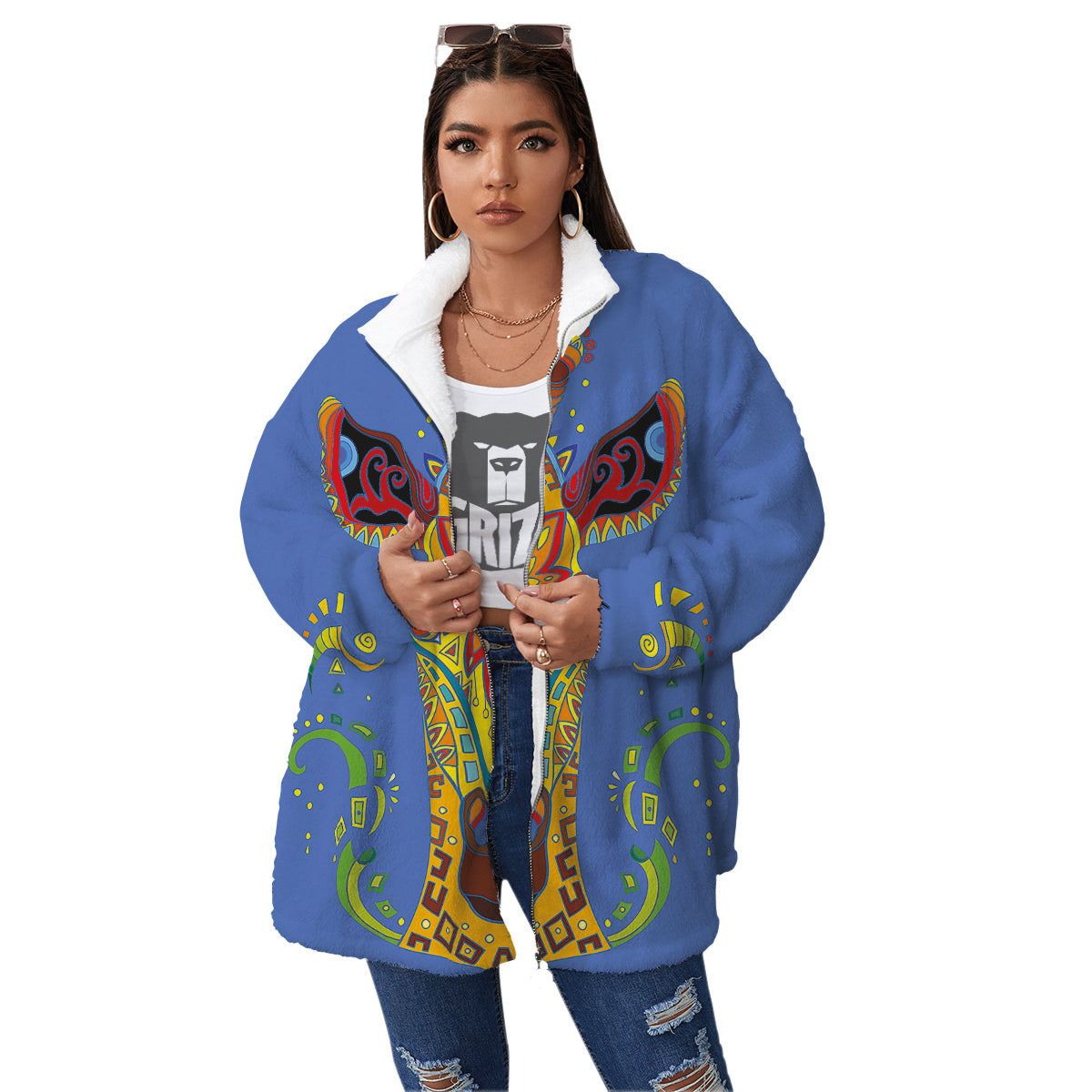 Portrait Giraffe Colorful Print Women's Sherpa Jacket-grizzshop