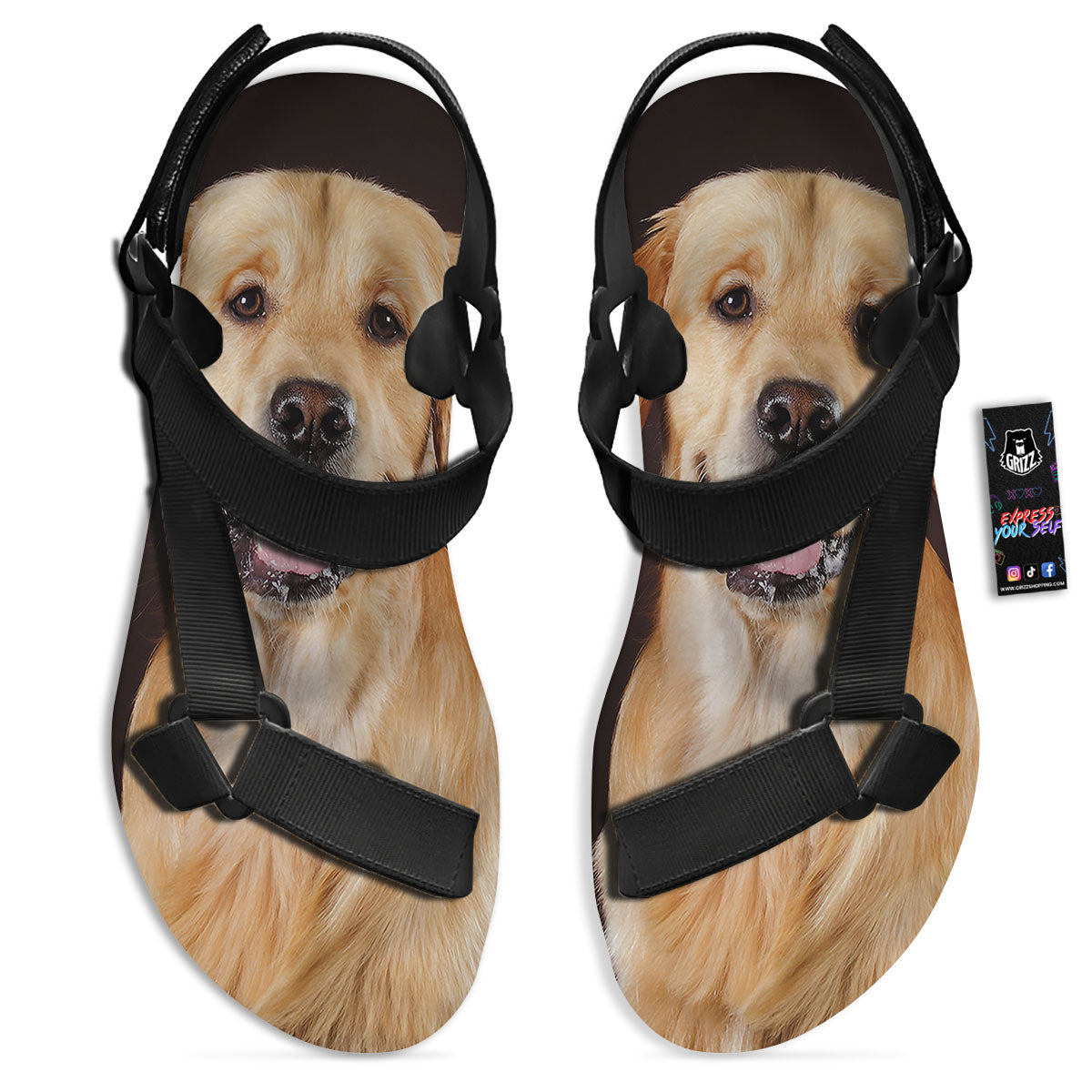 Portrait Golden Retriever Print Black Open Toe Sandals-grizzshop