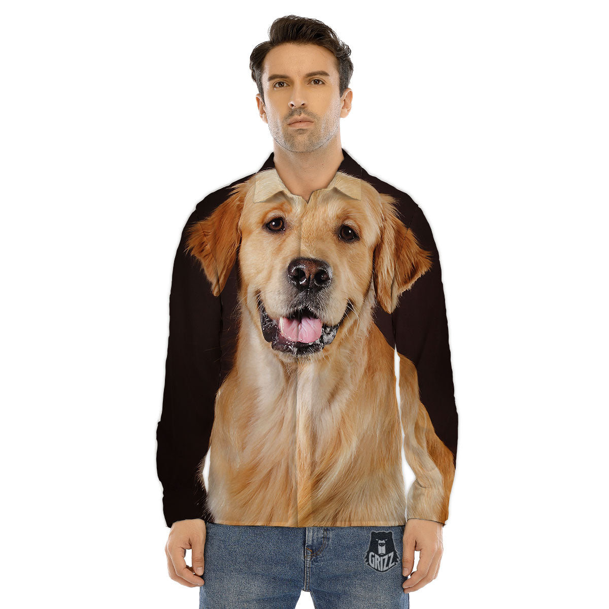 Portrait Golden Retriever Print Men's Dress Shirts-grizzshop