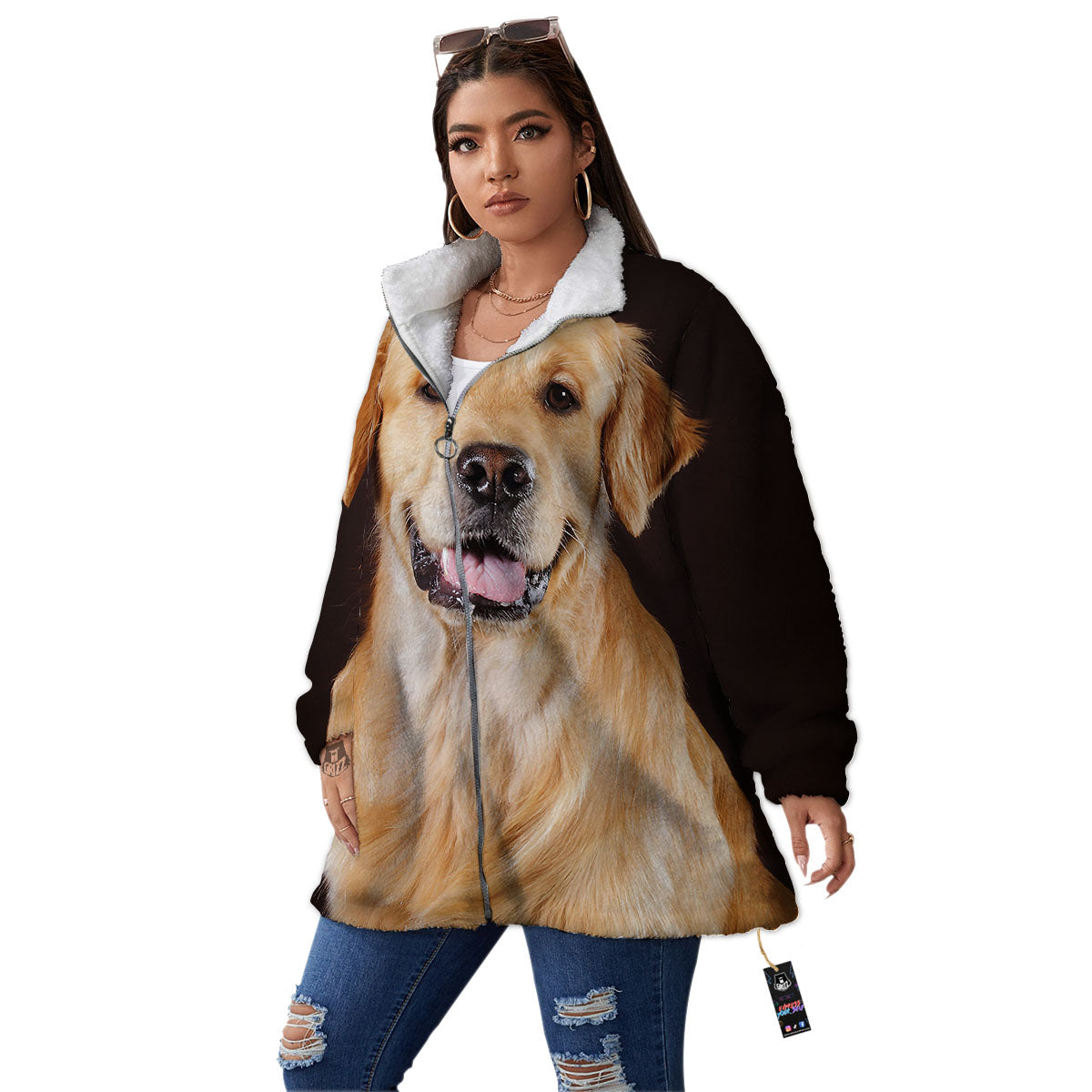 Portrait Golden Retriever Print Women's Sherpa Jacket-grizzshop