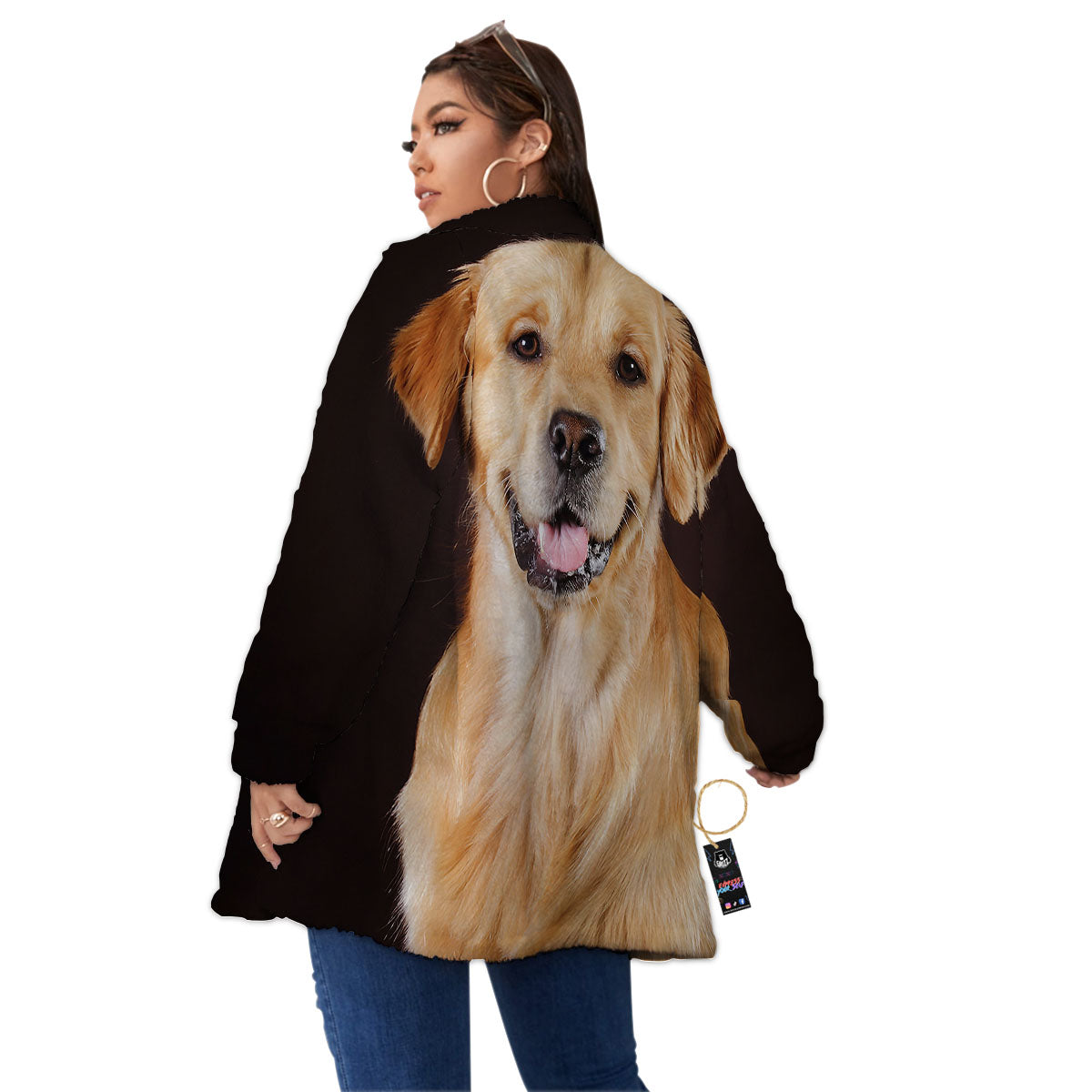 Portrait Golden Retriever Print Women's Sherpa Jacket-grizzshop
