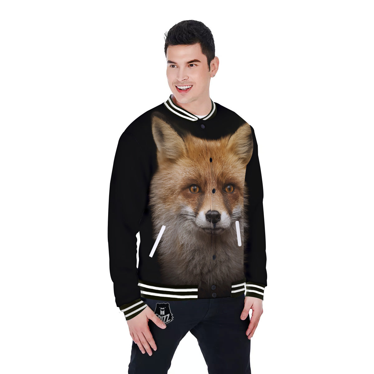 Portrait Head Fox Print Baseball Jacket-grizzshop