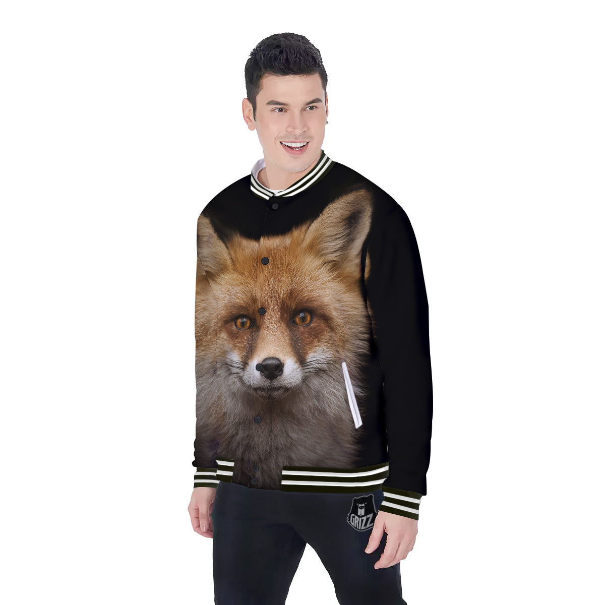 Portrait Head Fox Print Baseball Jacket-grizzshop