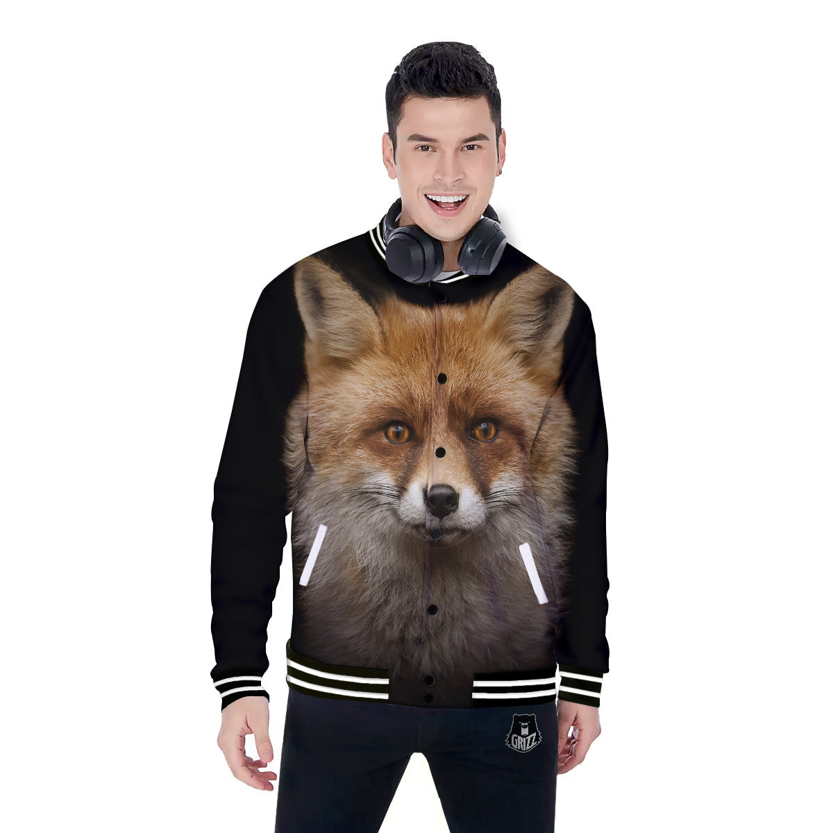 Portrait Head Fox Print Baseball Jacket-grizzshop