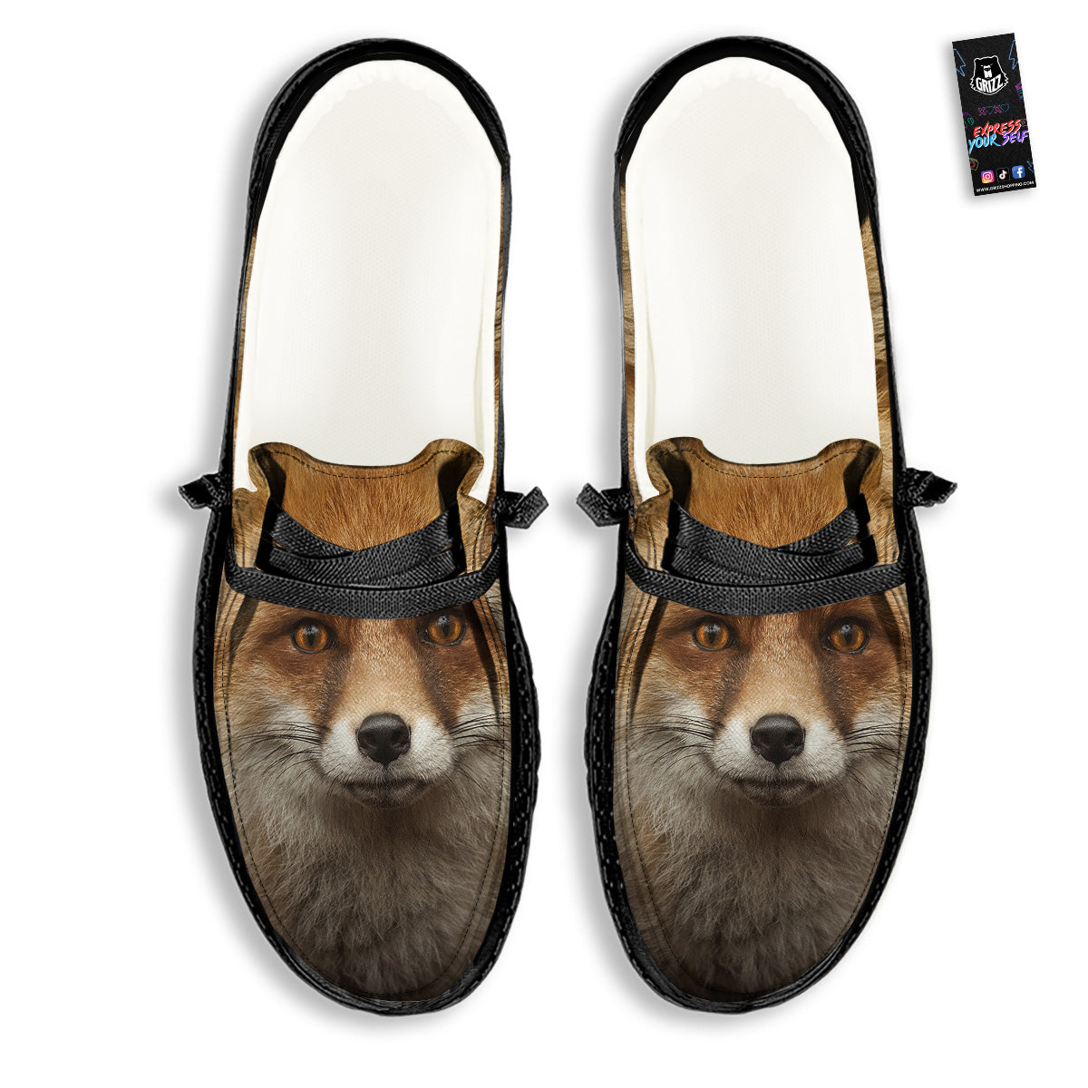 Portrait Head Fox Print Black Loafers-grizzshop